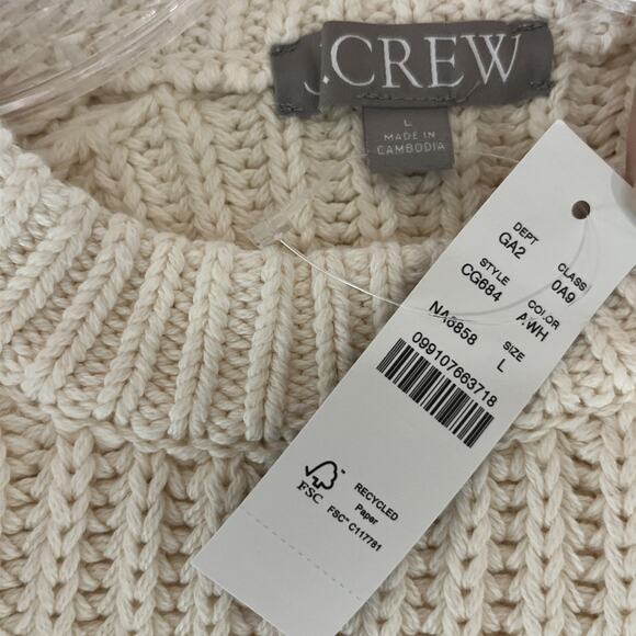 J Crew Heritage Cotton Fisherman Crewneck Sweater Womens L Natural Cream Cropped - Picture 8 of 10